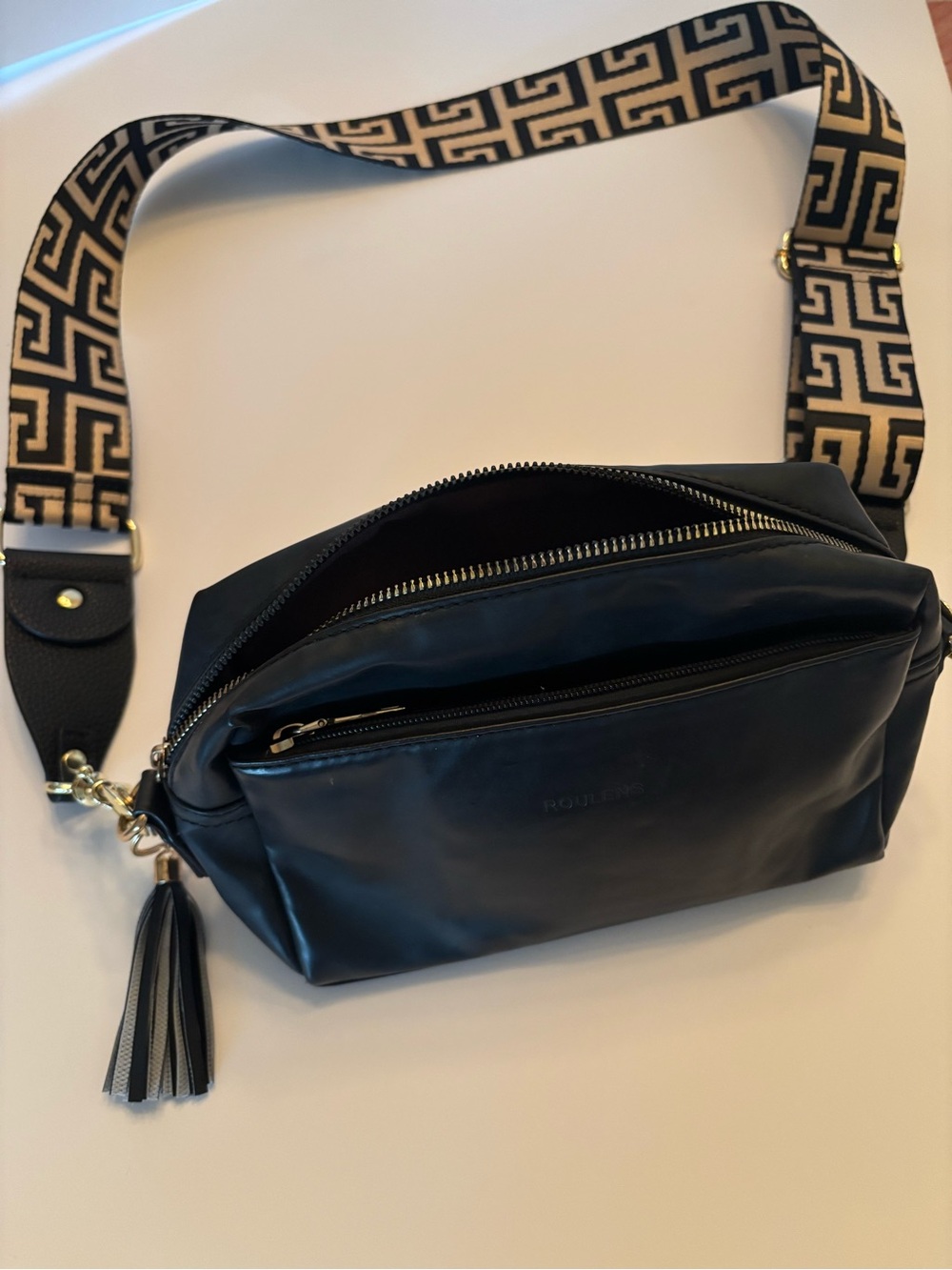 Roulens Faux Leather Black Crossbody Bag w/Tassel Accent Designer Strap